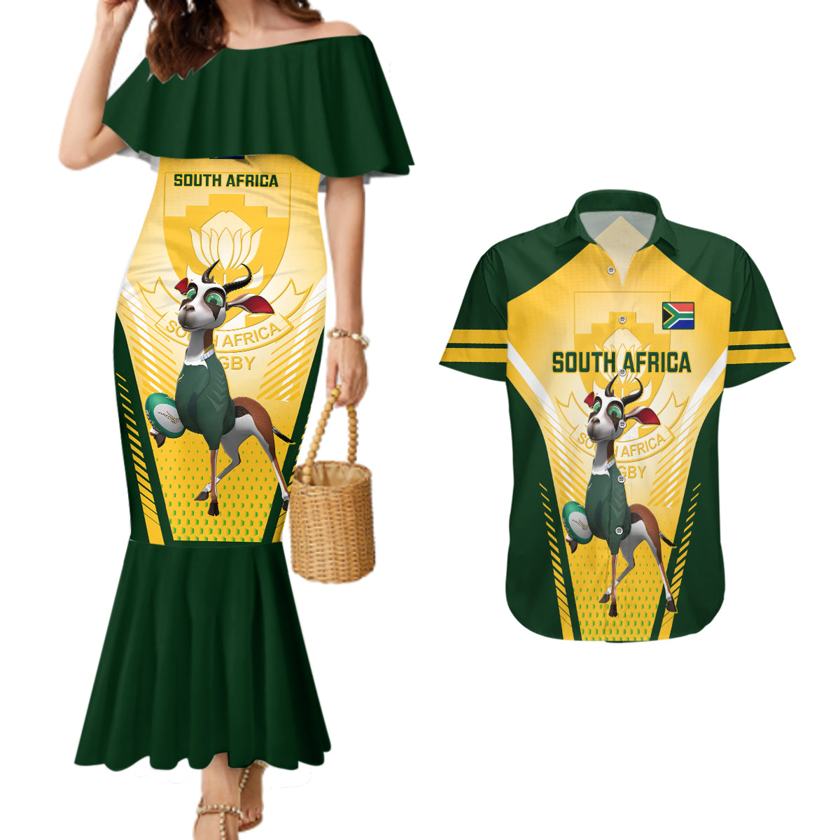 South Africa Rugby Couples Matching Mermaid Dress and Hawaiian Shirt 2023 World Cup Springboks Mascot - Wonder Print Shop