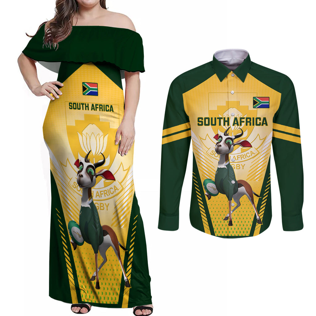 South Africa Rugby Couples Matching Off Shoulder Maxi Dress and Long Sleeve Button Shirts 2023 World Cup Springboks Mascot - Wonder Print Shop