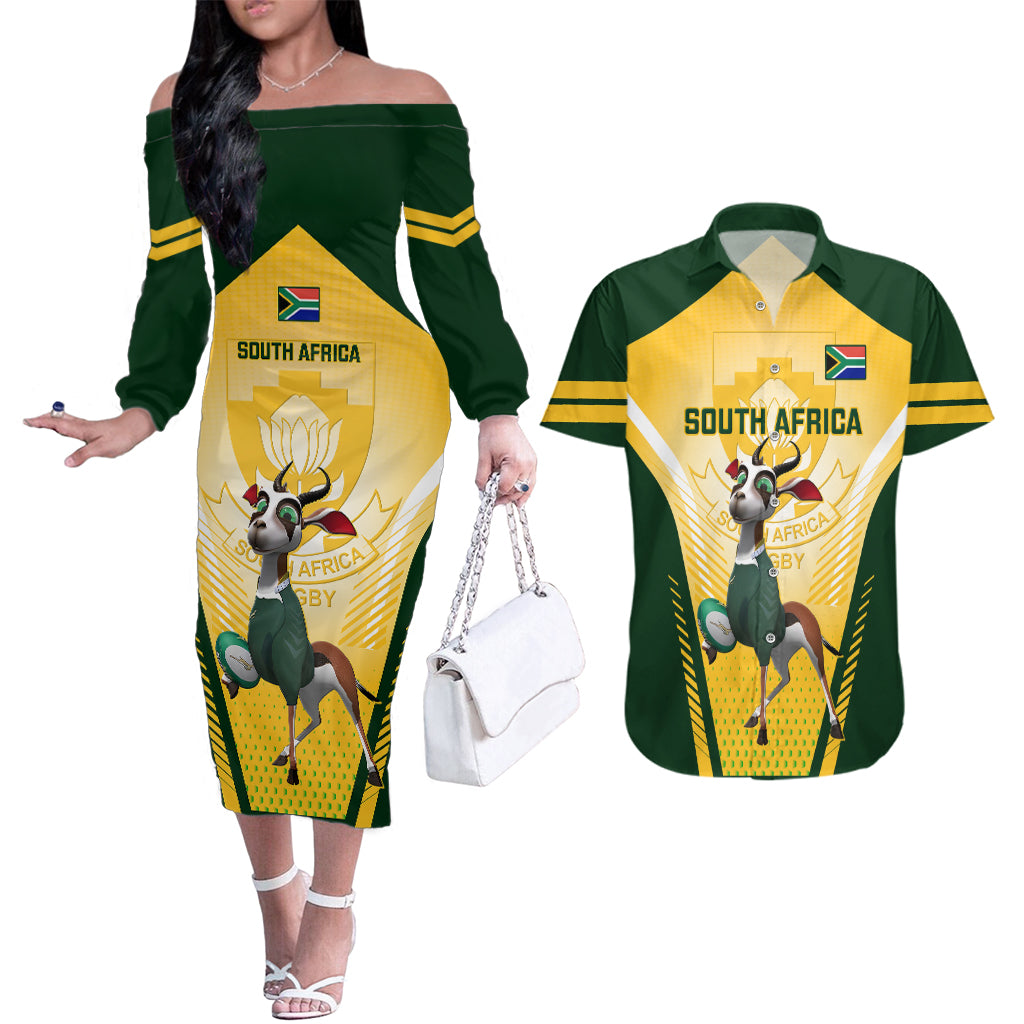 South Africa Rugby Couples Matching Off The Shoulder Long Sleeve Dress and Hawaiian Shirt 2023 World Cup Springboks Mascot - Wonder Print Shop