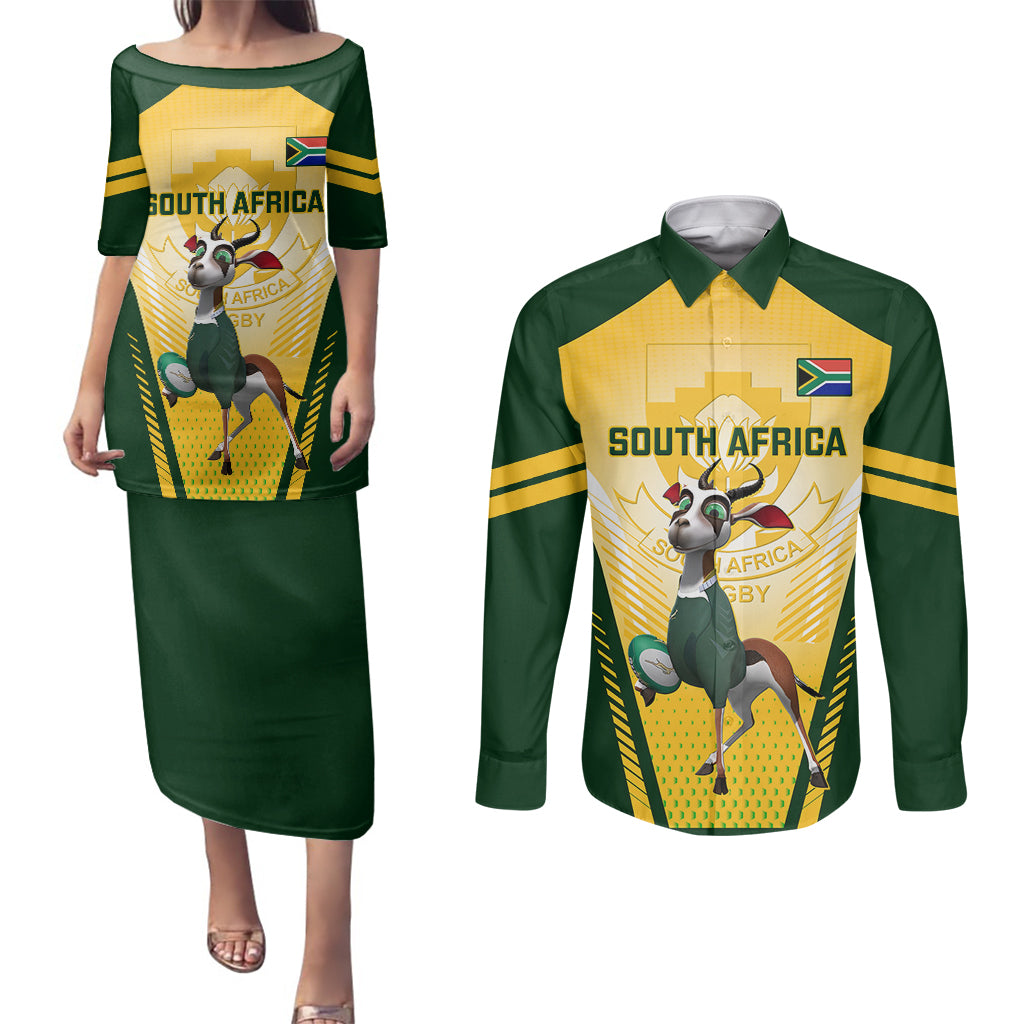 South Africa Rugby Couples Matching Puletasi Dress and Long Sleeve Button Shirts 2023 World Cup Springboks Mascot - Wonder Print Shop