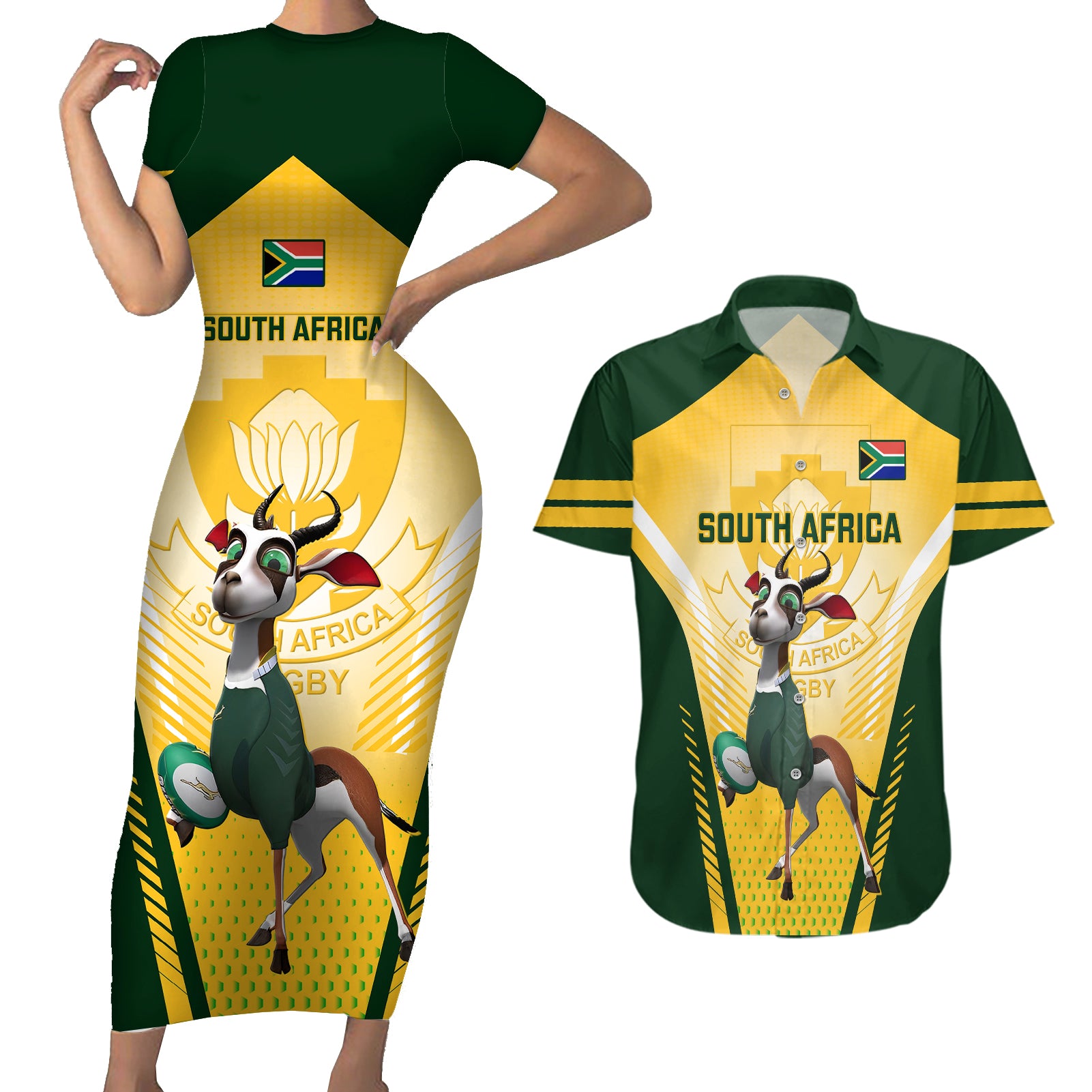 South Africa Rugby Couples Matching Short Sleeve Bodycon Dress and Hawaiian Shirt 2023 World Cup Springboks Mascot - Wonder Print Shop