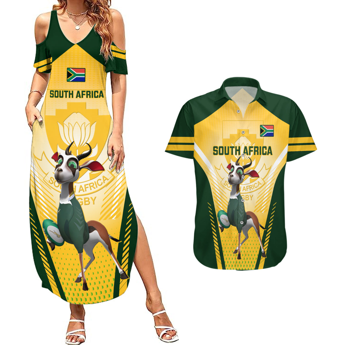 South Africa Rugby Couples Matching Summer Maxi Dress and Hawaiian Shirt 2023 World Cup Springboks Mascot - Wonder Print Shop