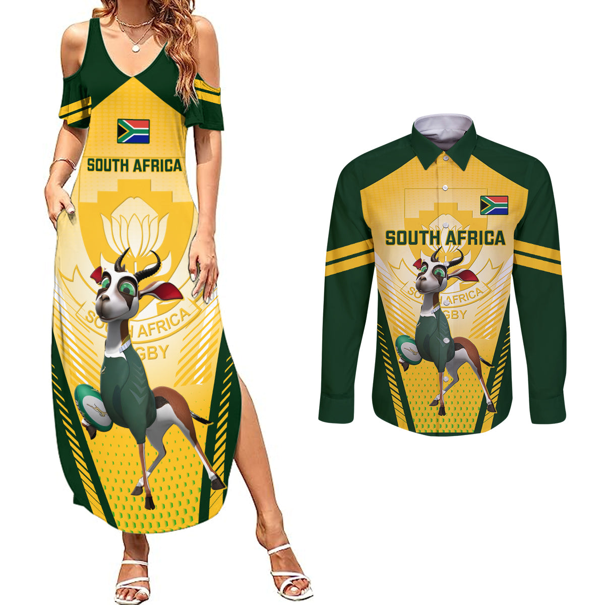 South Africa Rugby Couples Matching Summer Maxi Dress and Long Sleeve Button Shirts 2023 World Cup Springboks Mascot - Wonder Print Shop