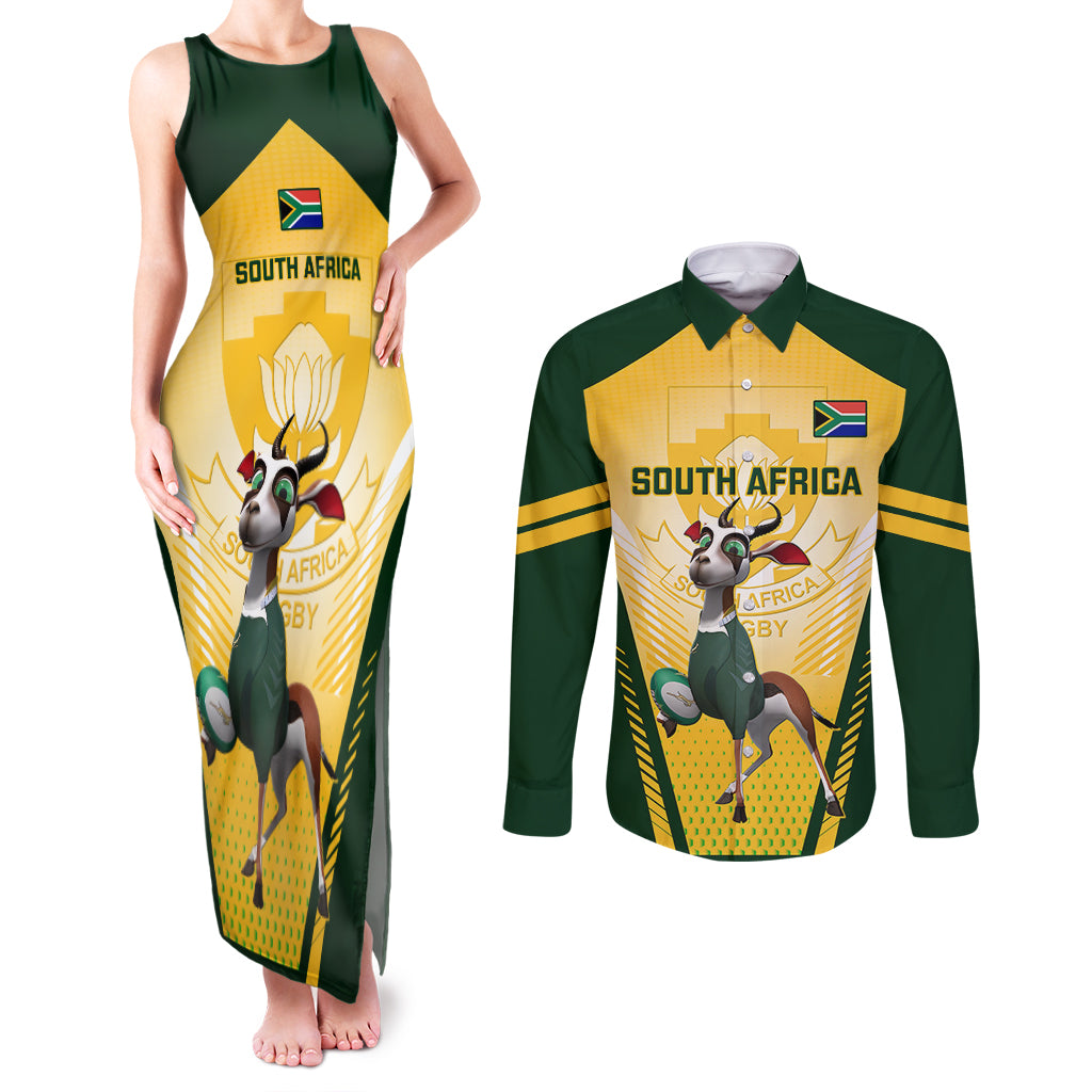 South Africa Rugby Couples Matching Tank Maxi Dress and Long Sleeve Button Shirts 2023 World Cup Springboks Mascot - Wonder Print Shop