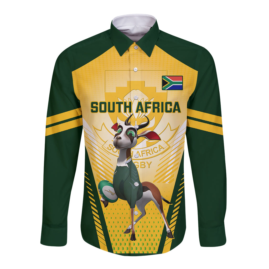 South Africa Rugby Long Sleeve Button Shirt 2023 World Cup Springboks Mascot - Wonder Print Shop