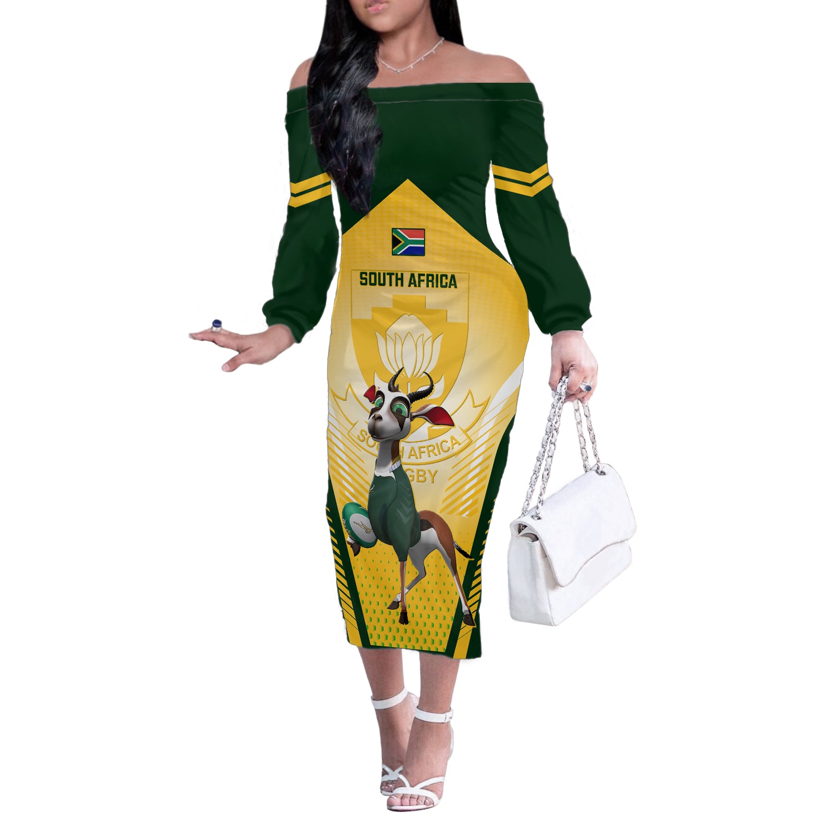 South Africa Rugby Off The Shoulder Long Sleeve Dress 2023 World Cup Springboks Mascot - Wonder Print Shop