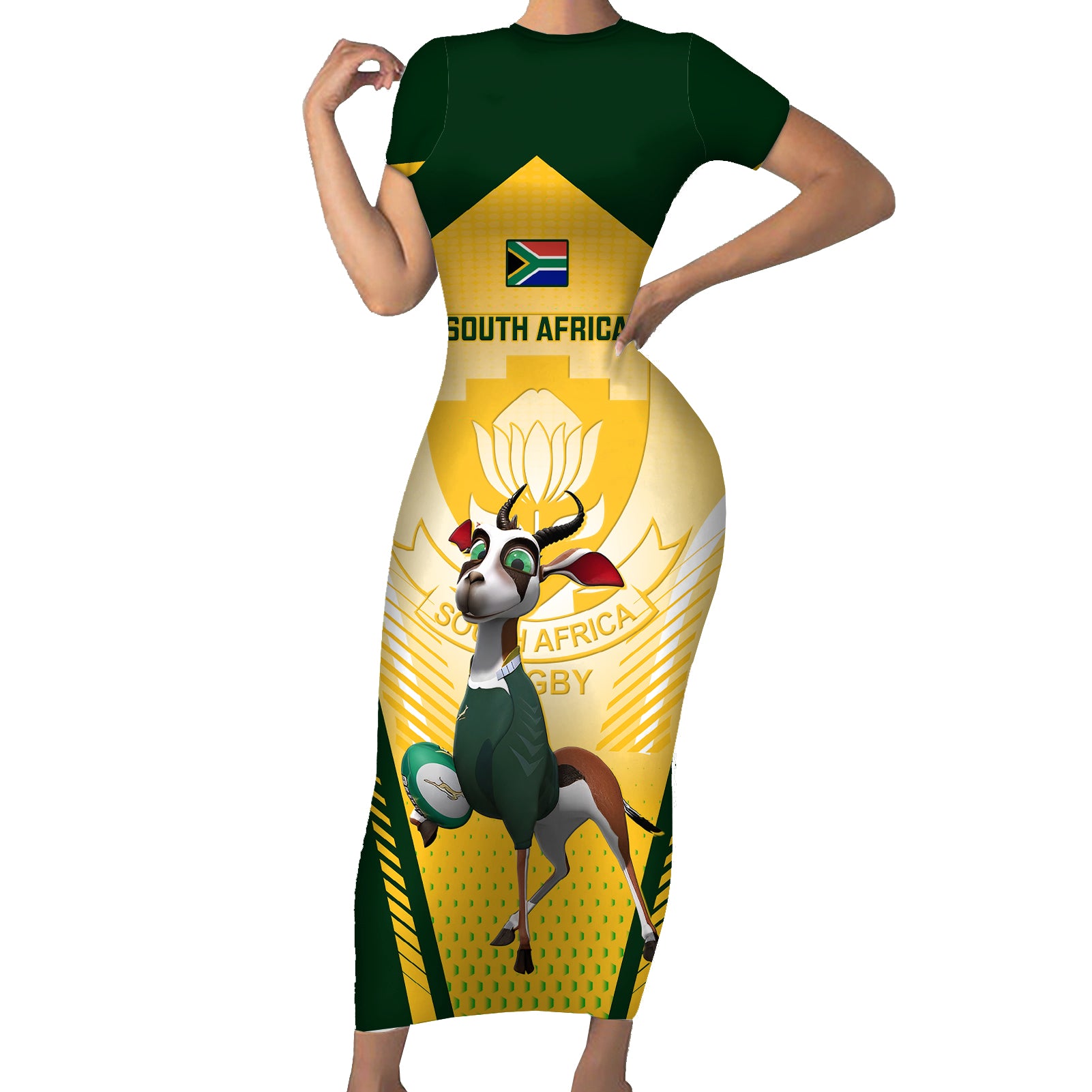 south-africa-rugby-short-sleeve-bodycon-dress-2023-world-cup-springboks-mascot