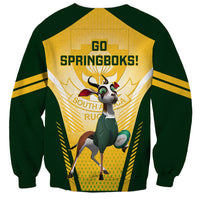 Green crewneck sweatshirt with yellow back print, 'GO SPRINGBOKS!' and mascot