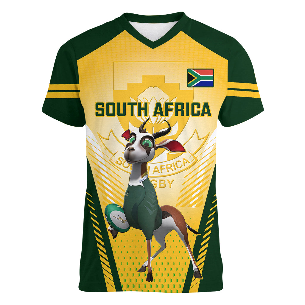 South Africa Rugby Women V Neck T Shirt 2023 World Cup Springboks Mascot - Wonder Print Shop