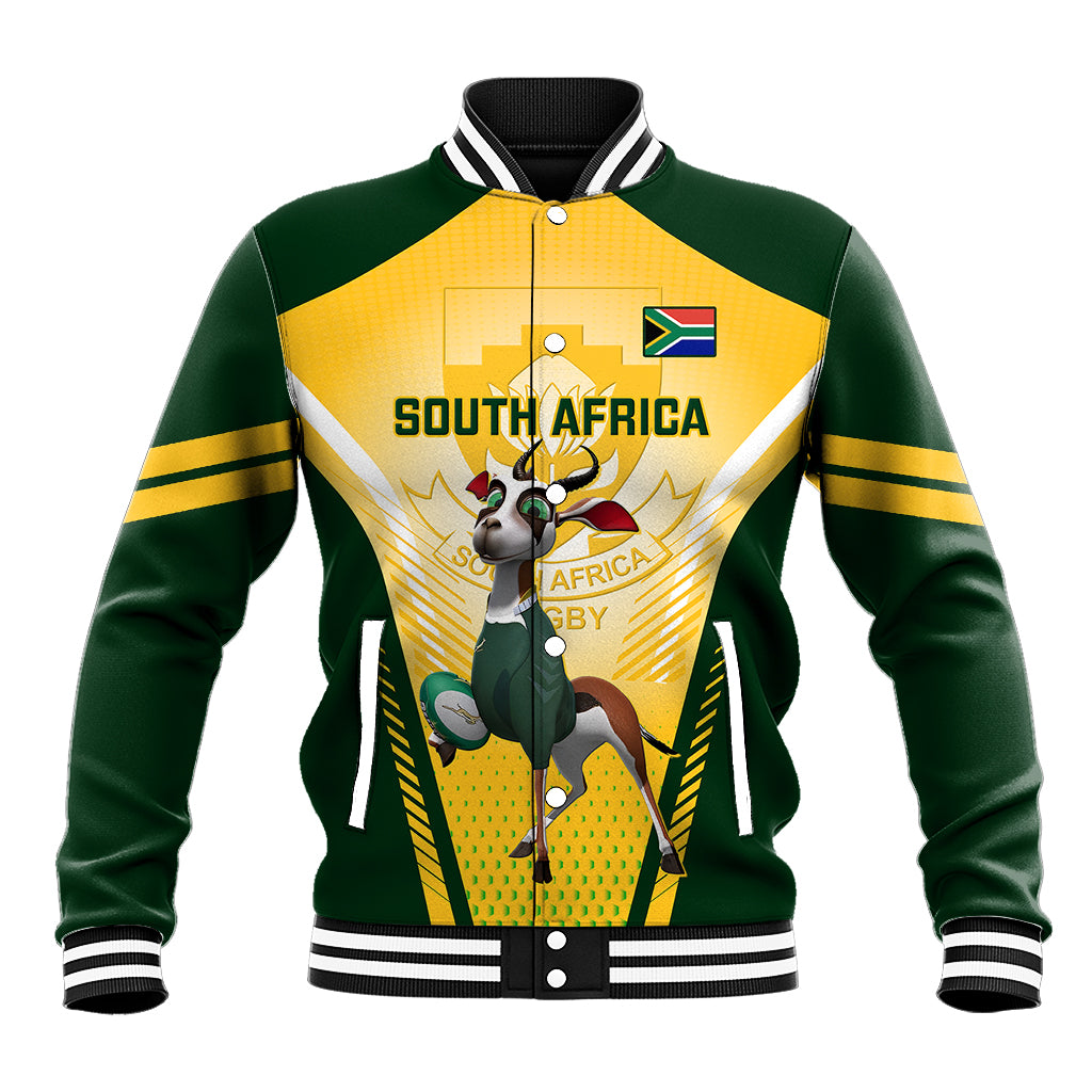Green and gold South Africa rugby baseball jacket with mascot graphic, snap front