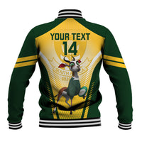 Green and gold rugby baseball jacket back with mascot and 'YOUR TEXT 14' print