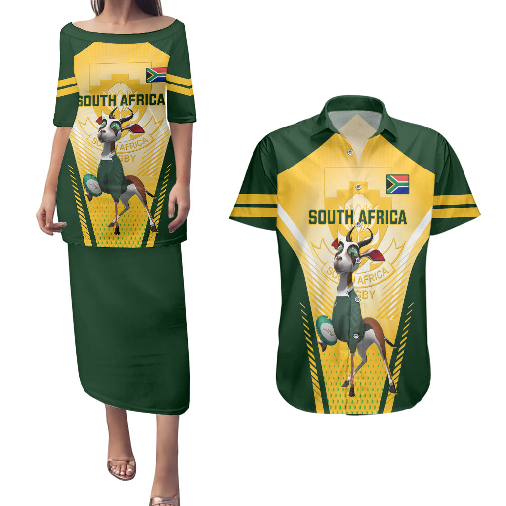 Custom South Africa Rugby Couples Matching Puletasi Dress and Hawaiian Shirt 2023 World Cup Springboks Mascot - Wonder Print Shop