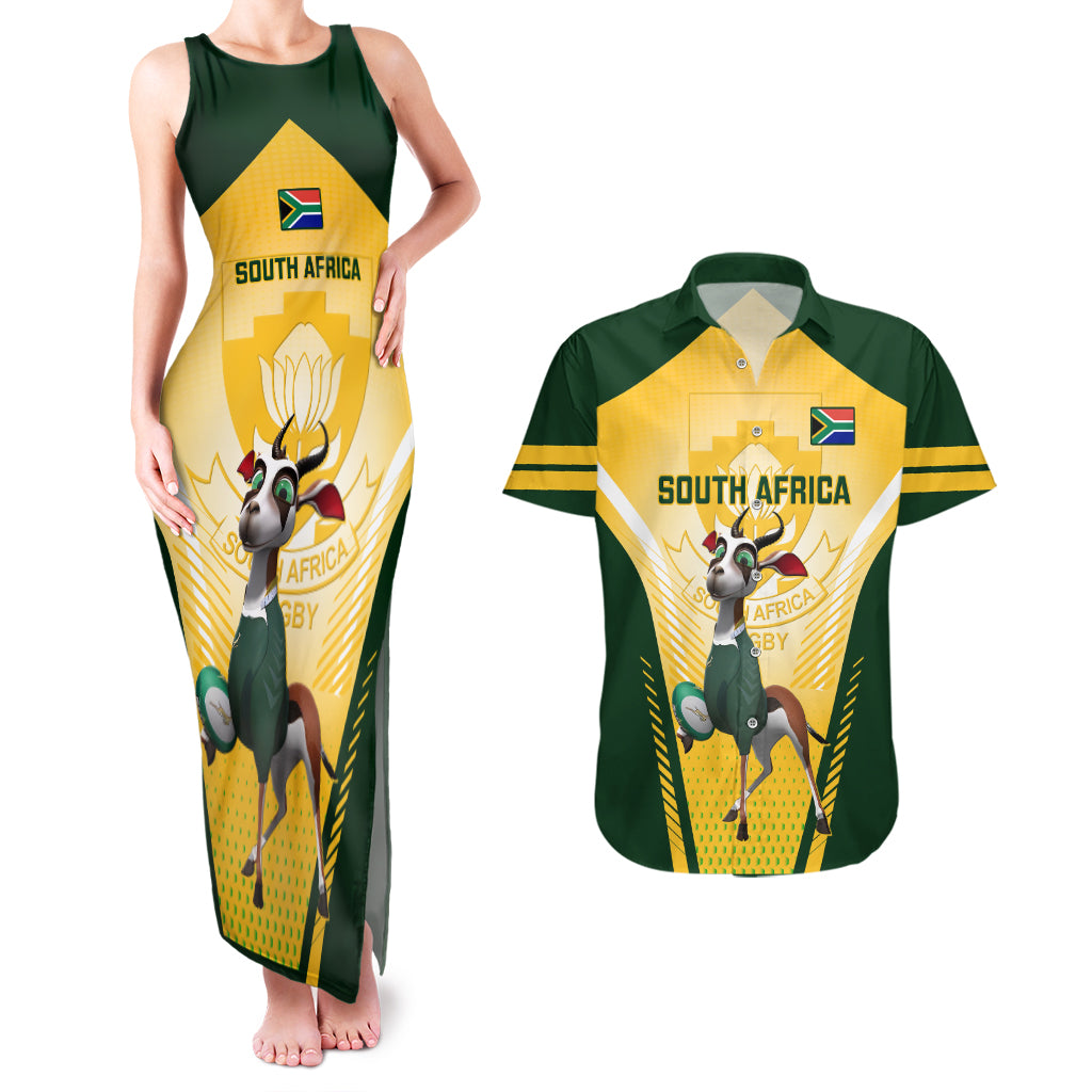 Custom South Africa Rugby Couples Matching Tank Maxi Dress and Hawaiian Shirt 2023 World Cup Springboks Mascot - Wonder Print Shop