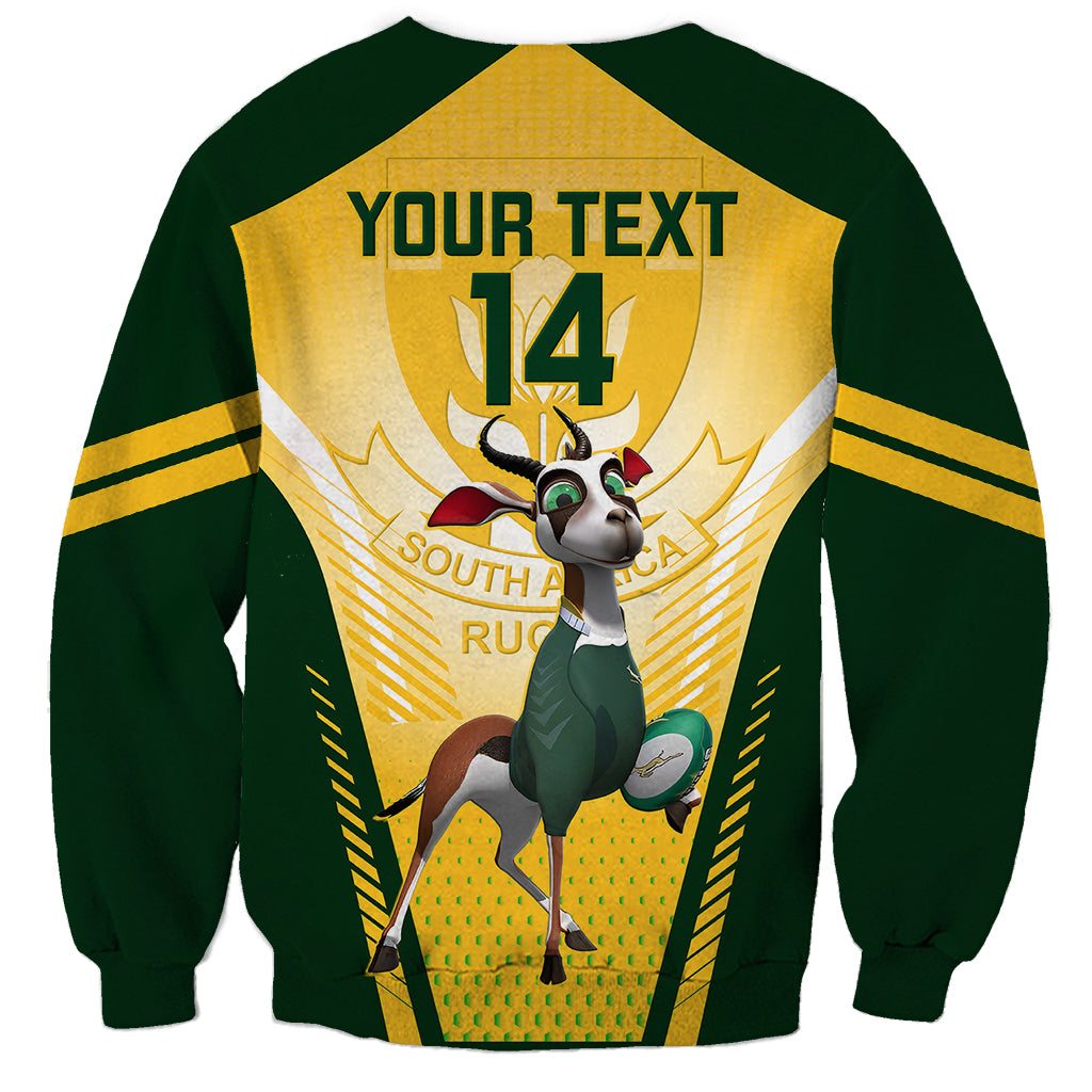 Green and yellow rugby sweatshirt with Your Text 14 and mascot graphic on back