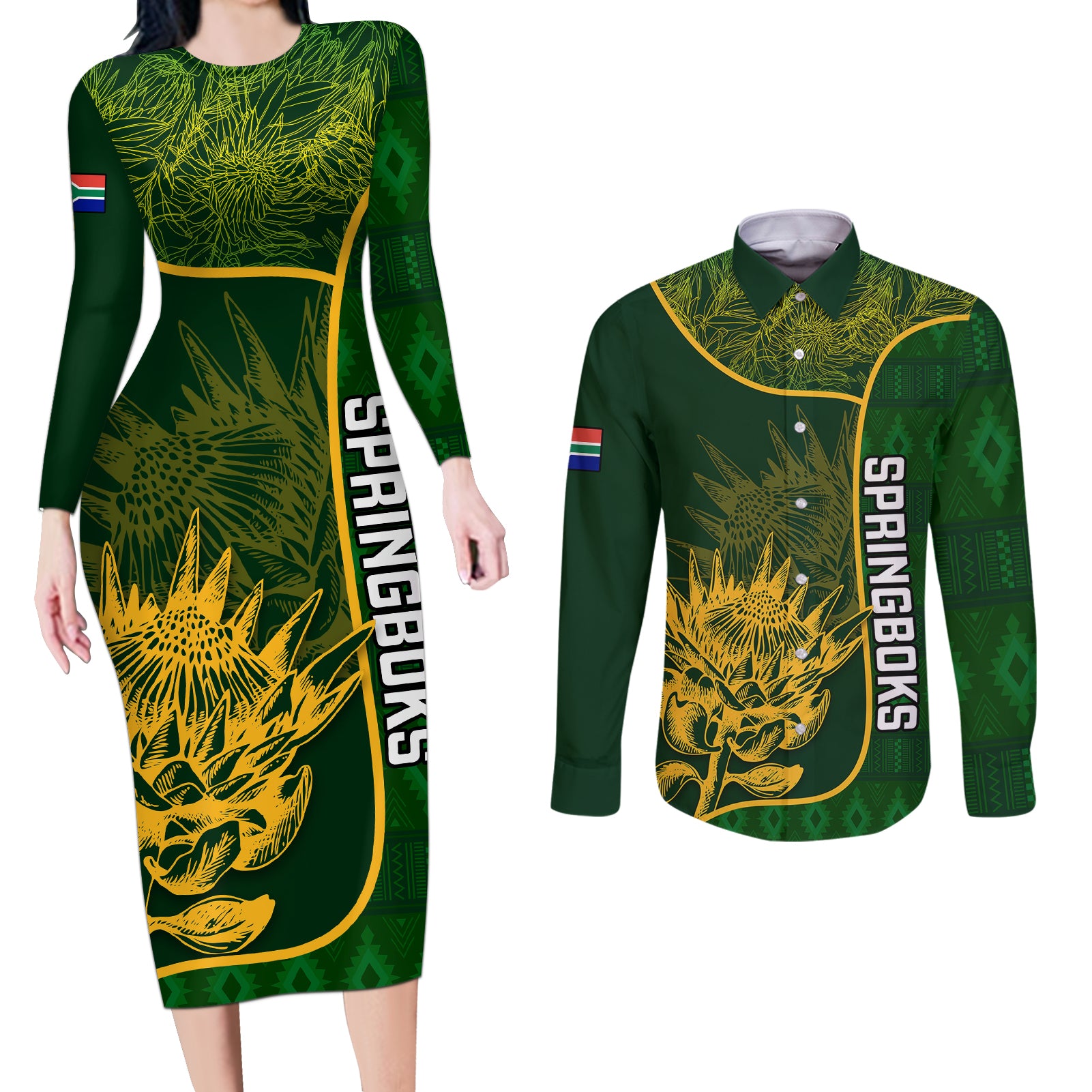 Custom South Africa Rugby Couples Matching Long Sleeve Bodycon Dress and Long Sleeve Button Shirts 2023 Go Champions Springboks With Protea - Wonder Print Shop