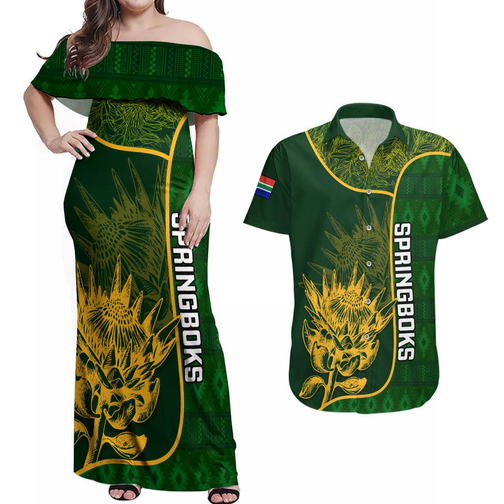 Custom South Africa Rugby Couples Matching Off Shoulder Maxi Dress and Hawaiian Shirt 2023 Go Champions Springboks With Protea - Wonder Print Shop