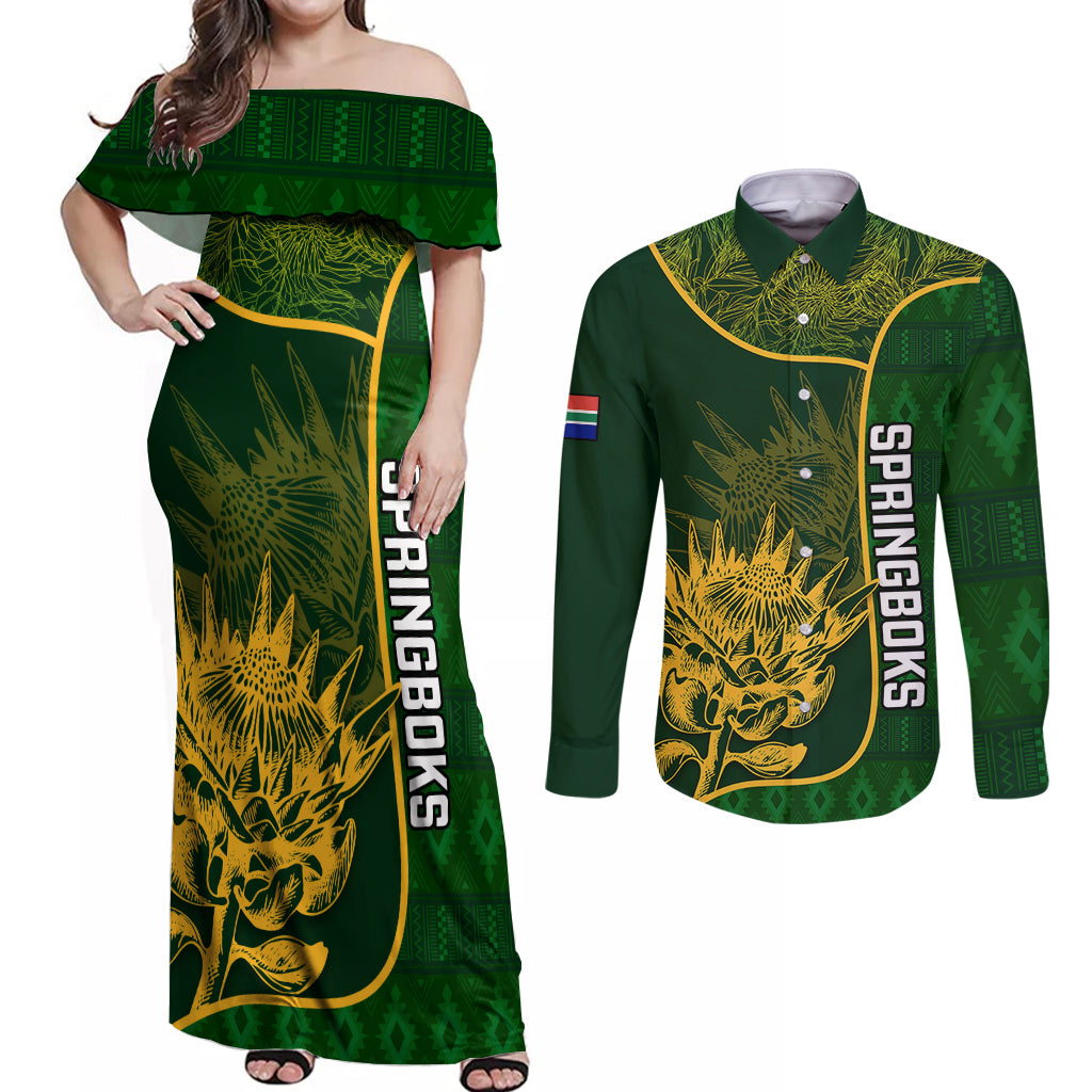 Custom South Africa Rugby Couples Matching Off Shoulder Maxi Dress and Long Sleeve Button Shirts 2023 Go Champions Springboks With Protea - Wonder Print Shop