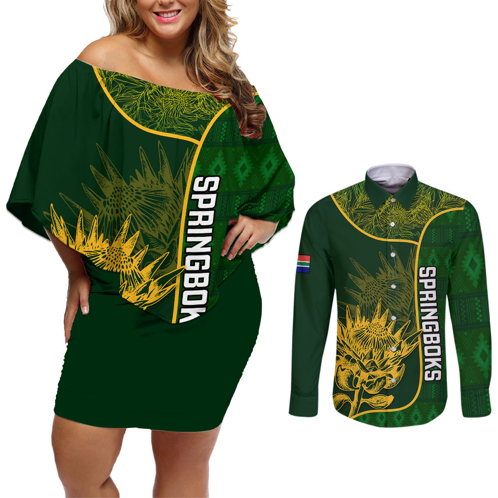 Custom South Africa Rugby Couples Matching Off Shoulder Short Dress and Long Sleeve Button Shirts 2023 Go Champions Springboks With Protea - Wonder Print Shop