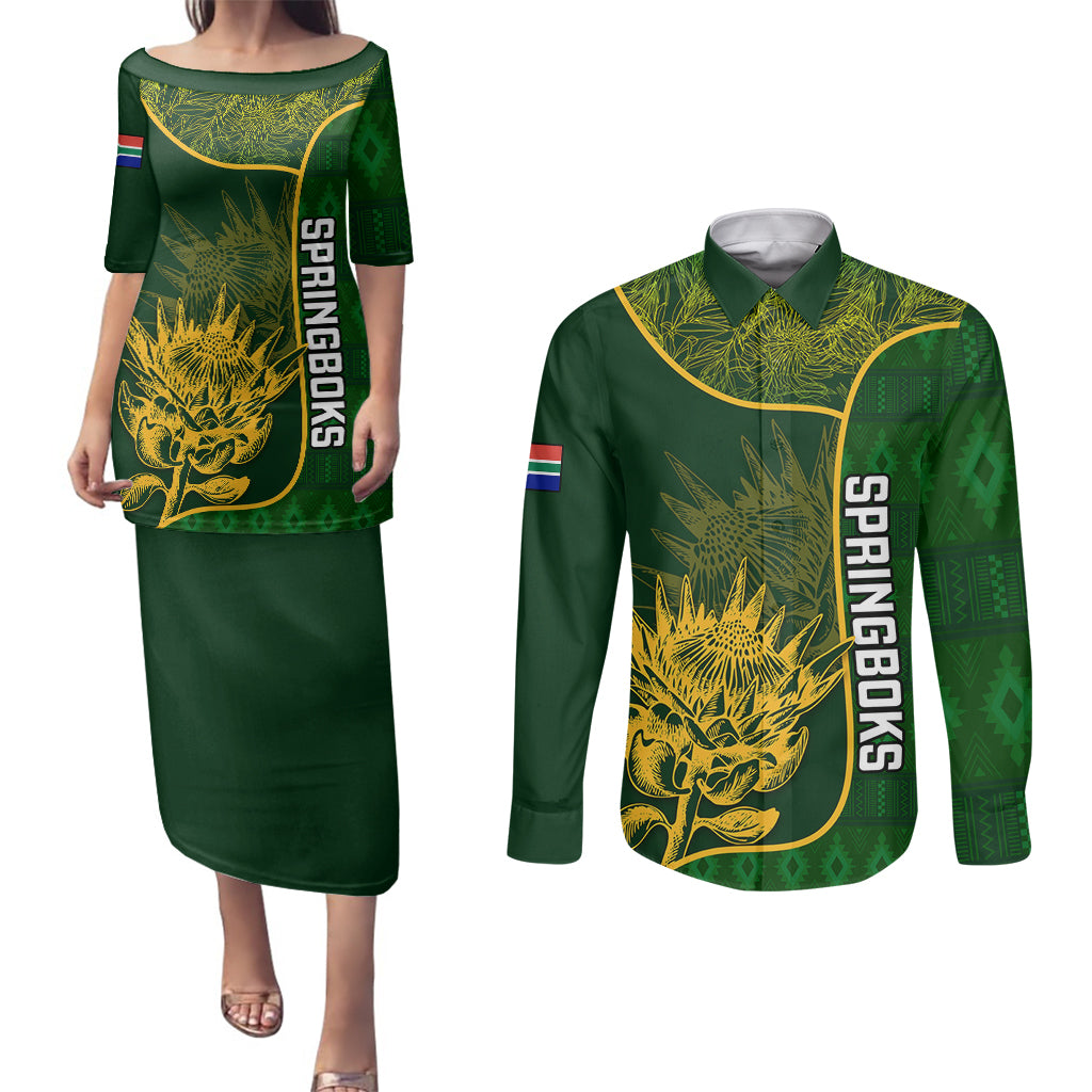 Custom South Africa Rugby Couples Matching Puletasi Dress and Long Sleeve Button Shirts 2023 Go Champions Springboks With Protea - Wonder Print Shop