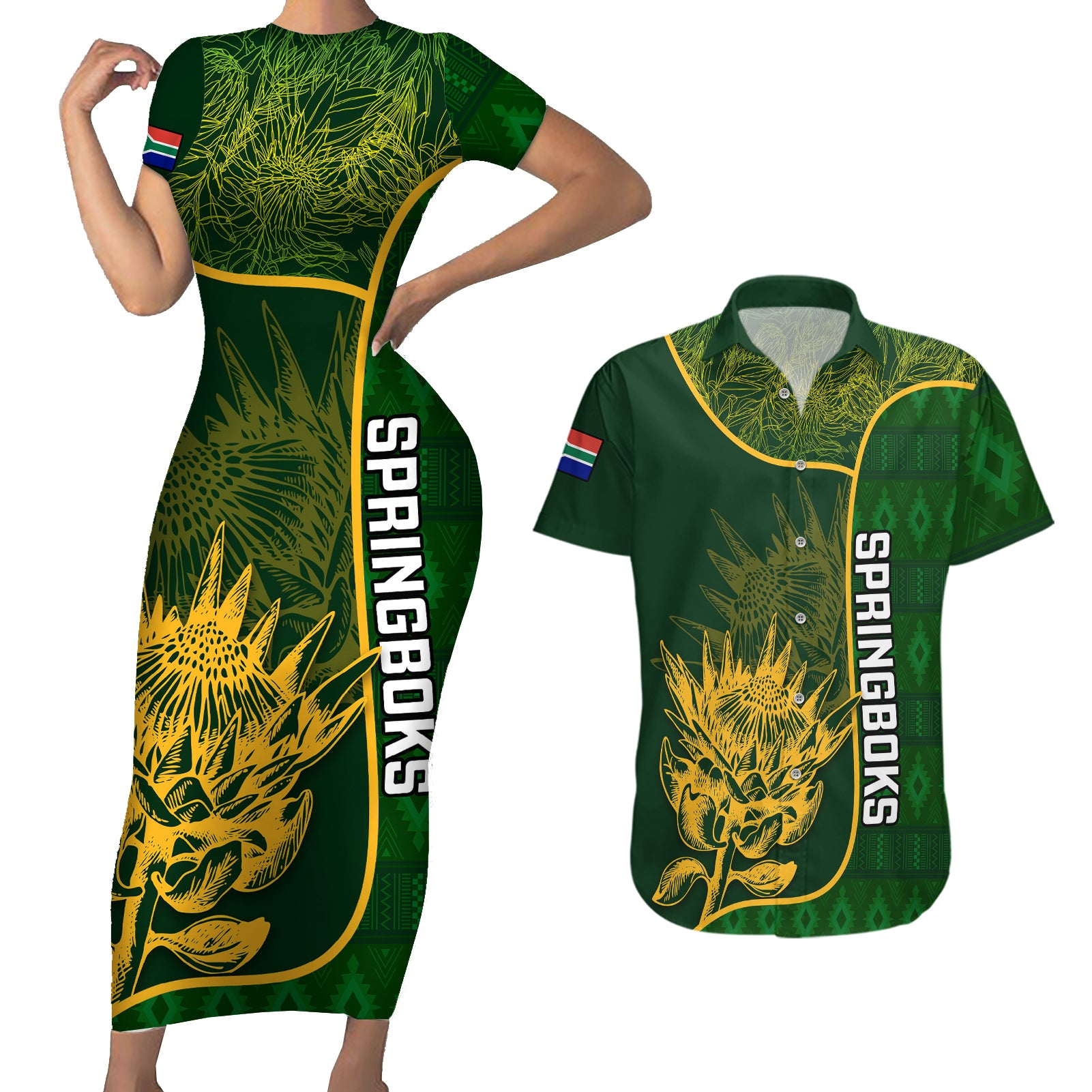 Custom South Africa Rugby Couples Matching Short Sleeve Bodycon Dress and Hawaiian Shirt 2023 Go Champions Springboks With Protea - Wonder Print Shop