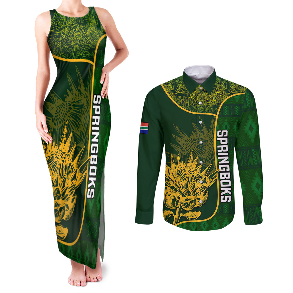 Custom South Africa Rugby Couples Matching Tank Maxi Dress and Long Sleeve Button Shirts 2023 Go Champions Springboks With Protea - Wonder Print Shop