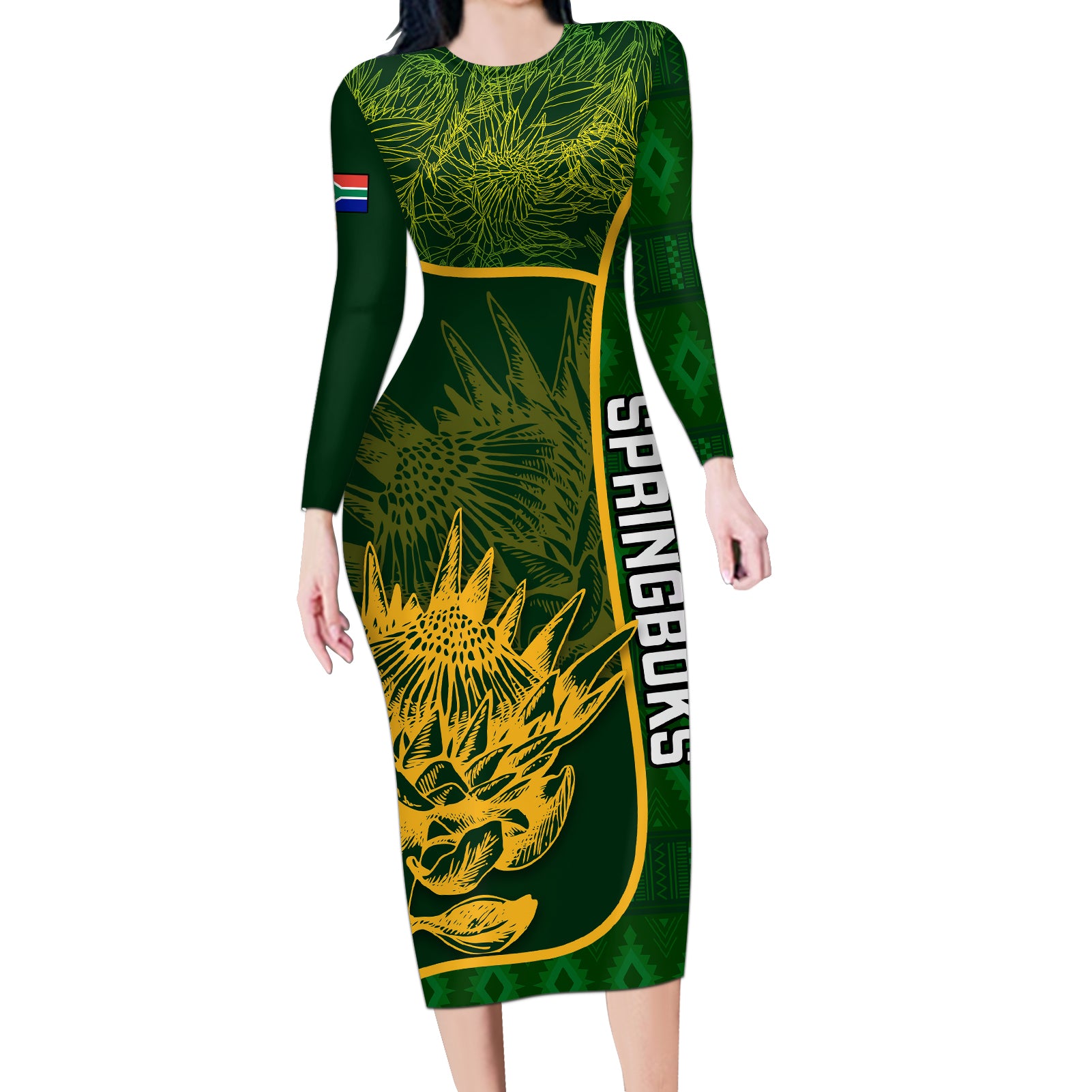 Custom South Africa Rugby Long Sleeve Bodycon Dress 2023 Go Champions Springboks With Protea - Wonder Print Shop