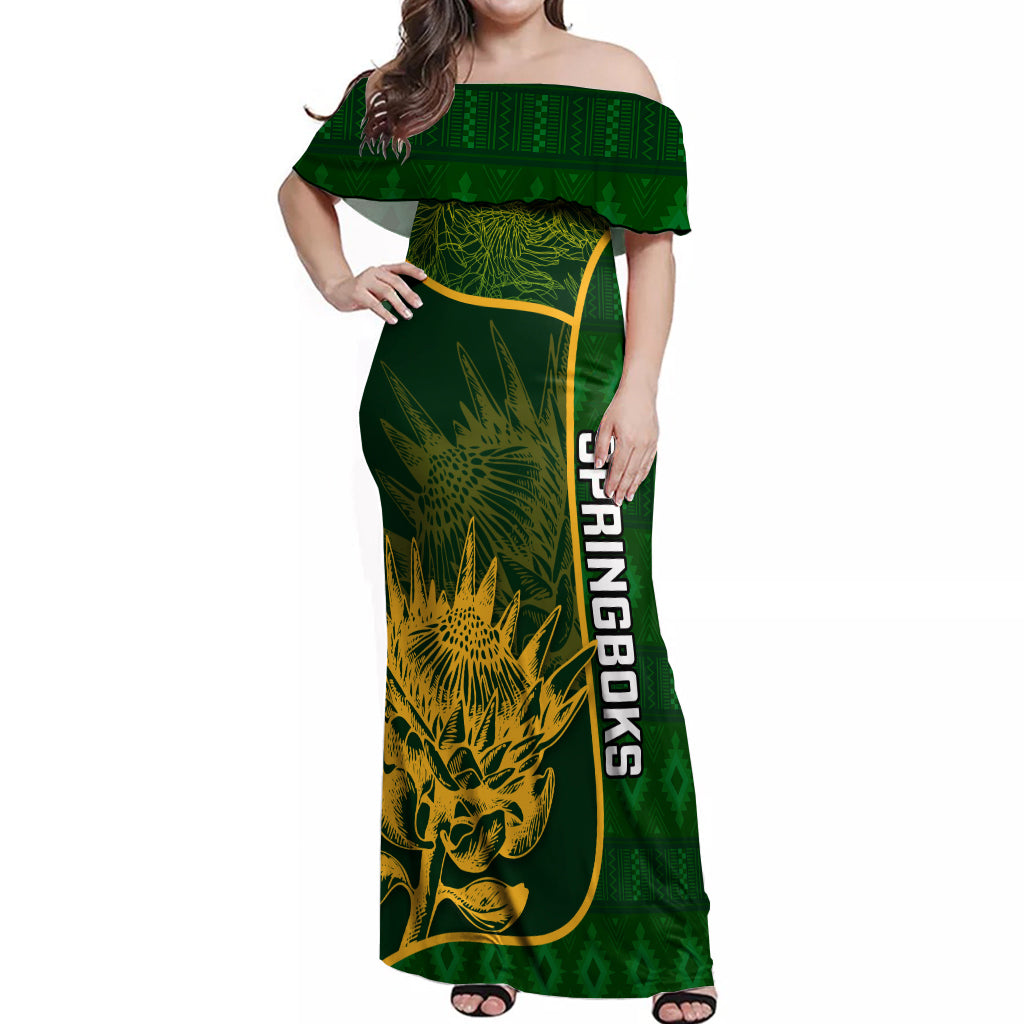 Custom South Africa Rugby Off Shoulder Maxi Dress 2023 Go Champions Springboks With Protea - Wonder Print Shop