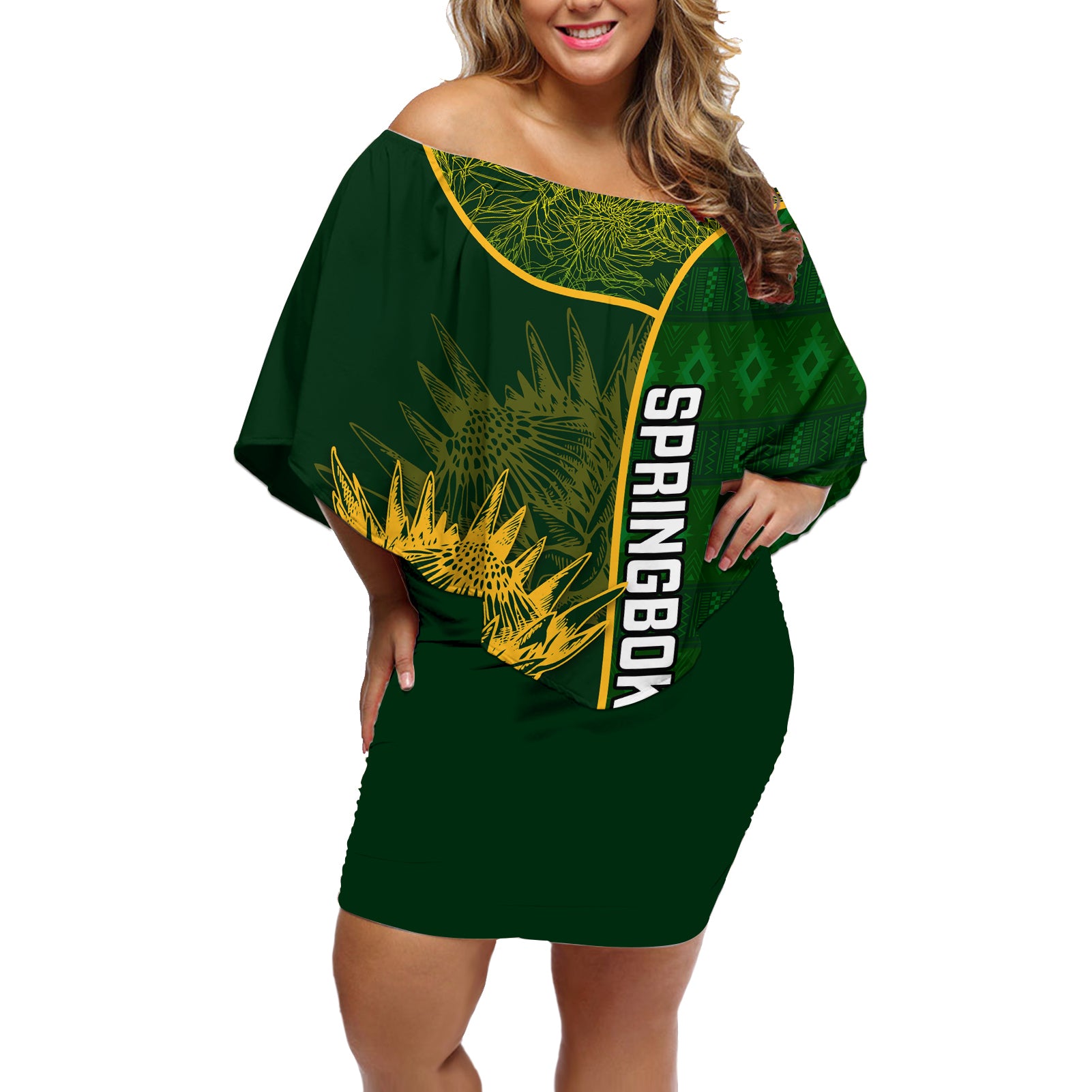 Custom South Africa Rugby Off Shoulder Short Dress 2023 Go Champions Springboks With Protea - Wonder Print Shop