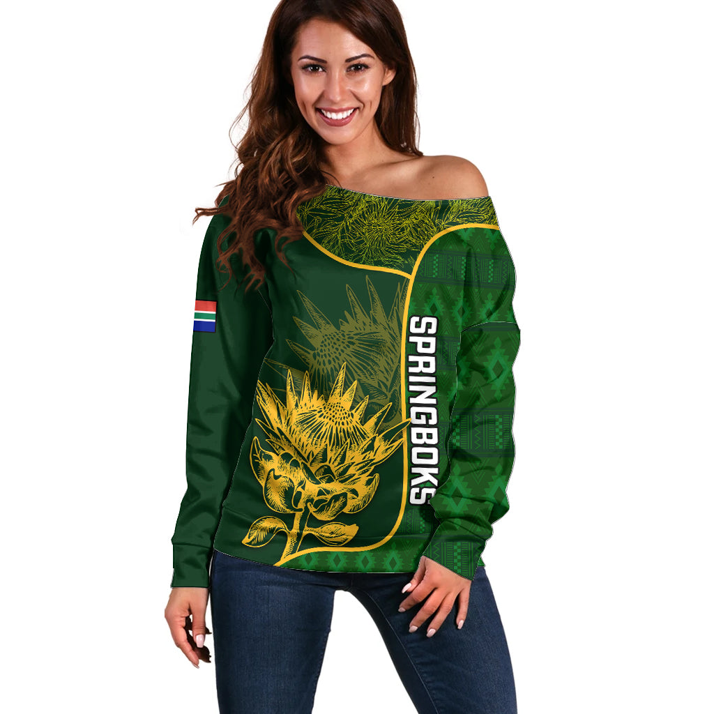 Custom South Africa Rugby Off Shoulder Sweater 2023 Go Champions Springboks With Protea - Wonder Print Shop