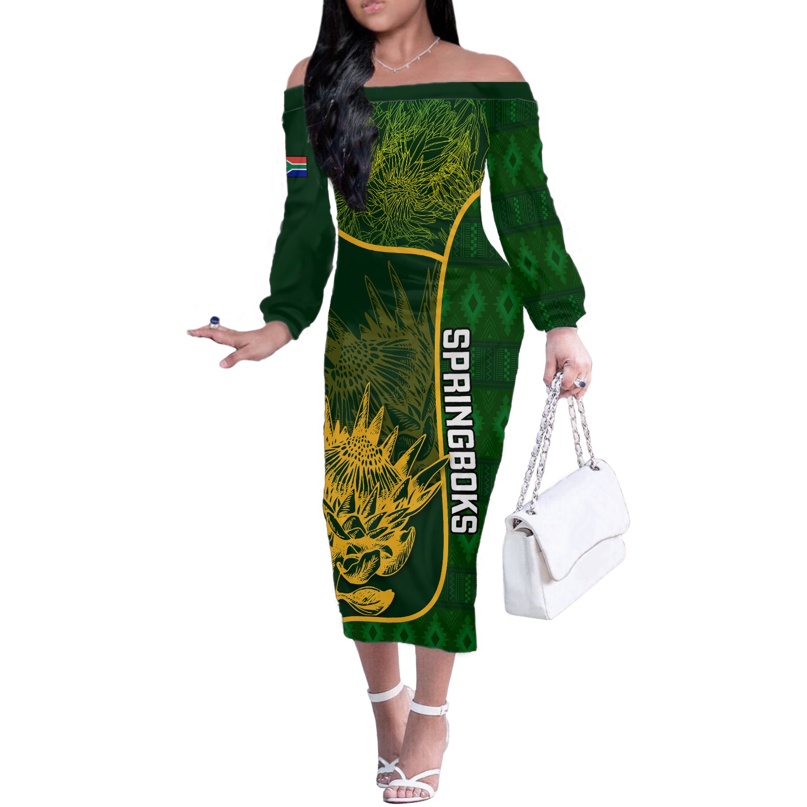 Custom South Africa Rugby Off The Shoulder Long Sleeve Dress 2023 Go Champions Springboks With Protea - Wonder Print Shop