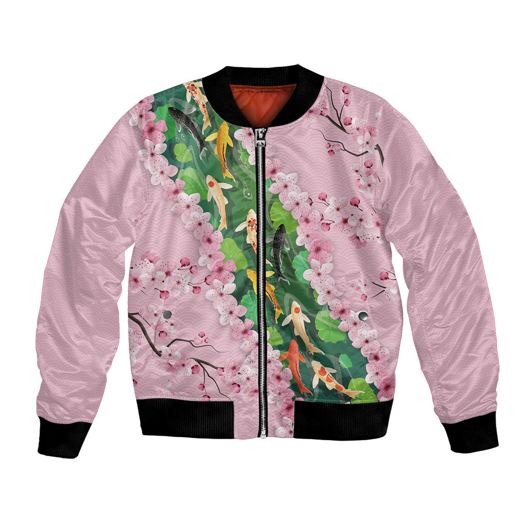 Koi Fish Sakura Japan Bomber Jacket Eternal Flow Cherry Blossom Seigaiha Pattern