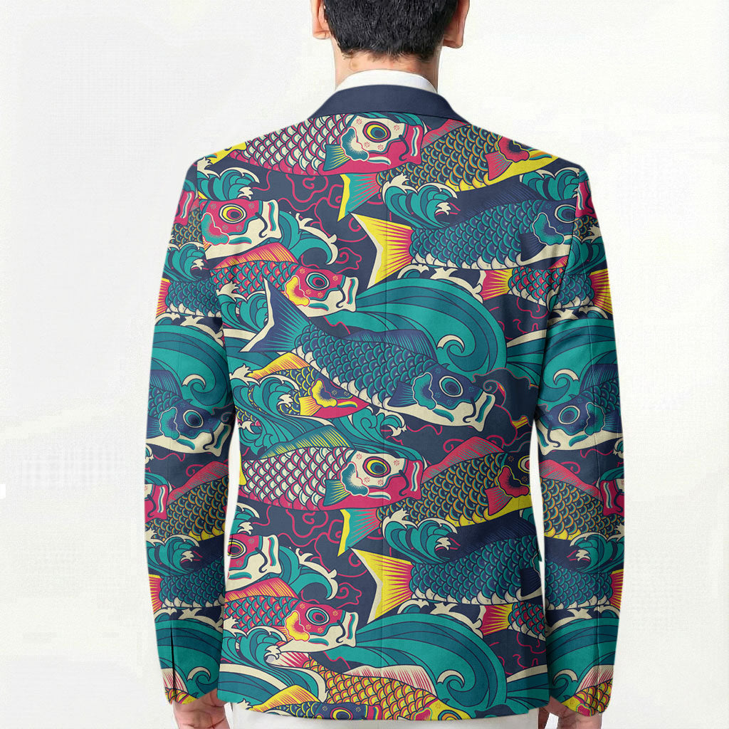 Japan Koinobori Blazer Japanese Koi Flag Waves Pattern
