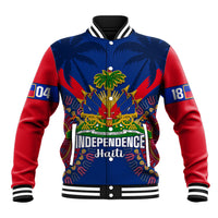Unisex blue red varsity baseball jacket with palm tree and Independence Haiti graphic