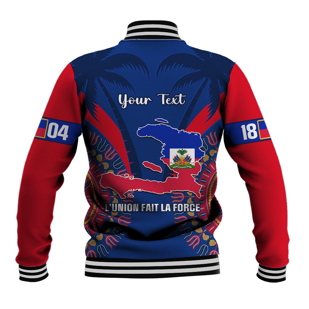 Unisex back-view blue and red baseball jacket with Haiti map and 'Your Text'