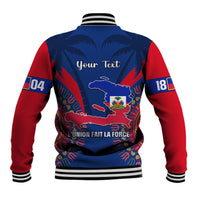 Unisex back-view blue and red baseball jacket with Haiti map and 'Your Text'