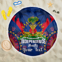 Personalized Haiti independence beach blanket with tassel fringe, blue design and “Your Text”