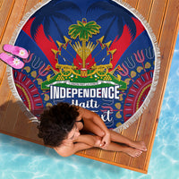 Round beach blanket with tassel fringe, blue Haiti independence graphic and “Your Text”