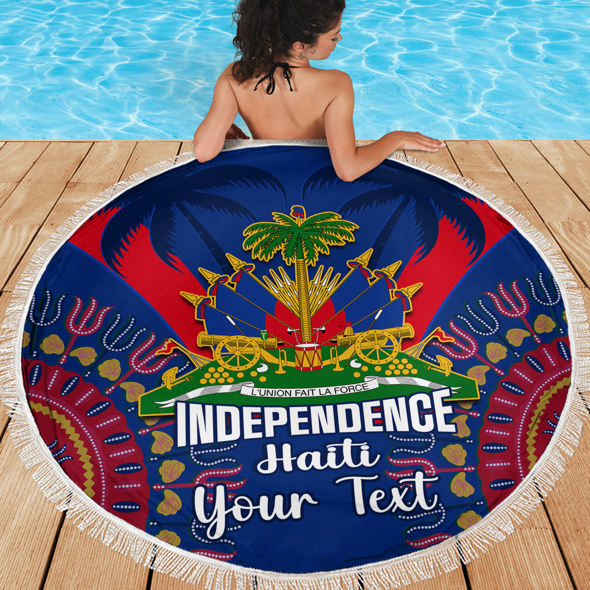 Personalized round Haiti independence beach blanket with tassel fringe, blue palm and text