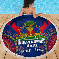 Personalized round Haiti independence beach blanket with tassel fringe, blue palm and text