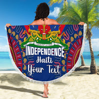 Haiti independence beach blanket with tassel fringe, blue “Independence Haiti Your Text”