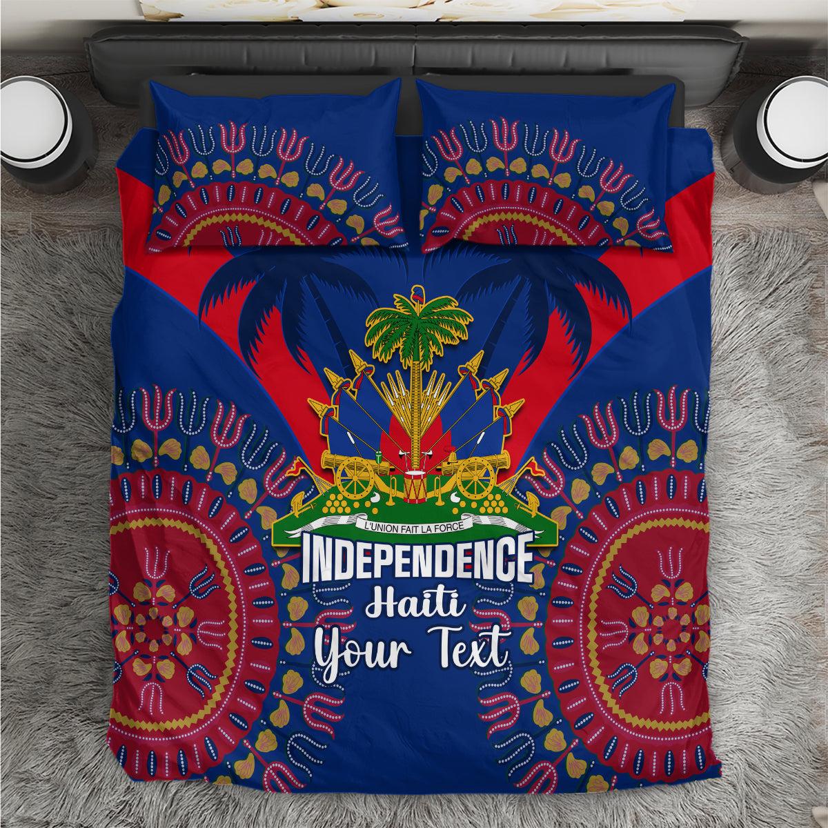 Blue Independence Haiti bedding set with palm and circular dashiki patterns, two pillowcases