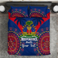 Blue Independence Haiti bedding set with palm and circular dashiki patterns, two pillowcases
