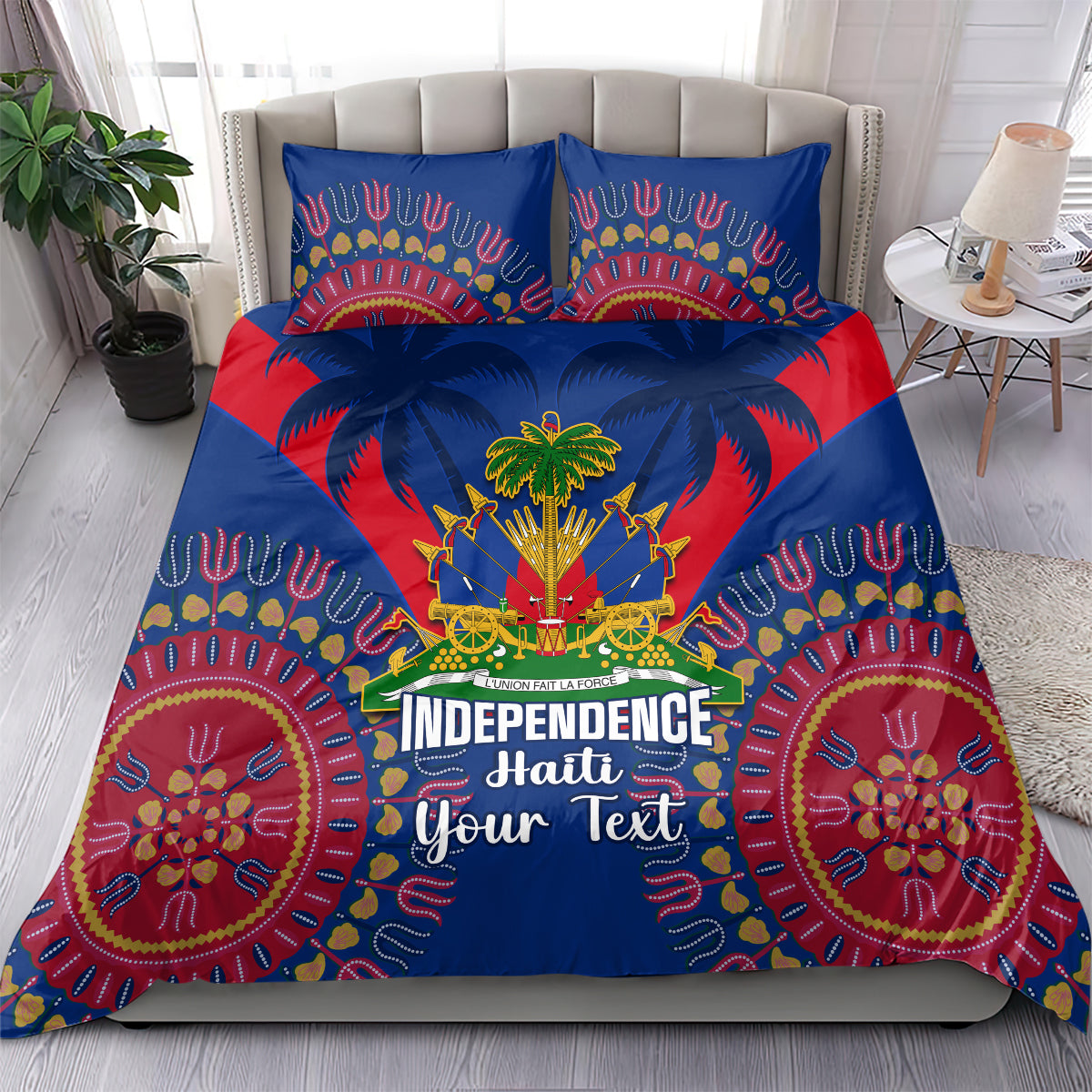 Blue duvet cover and two pillowcases with Independence Haiti graphic, palms, dashiki patterns