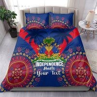 Blue duvet cover and two pillowcases with Independence Haiti graphic, palms, dashiki patterns