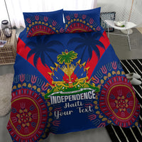 Blue bedding set with Independence Haiti text, palm trees, colorful circular dashiki motifs