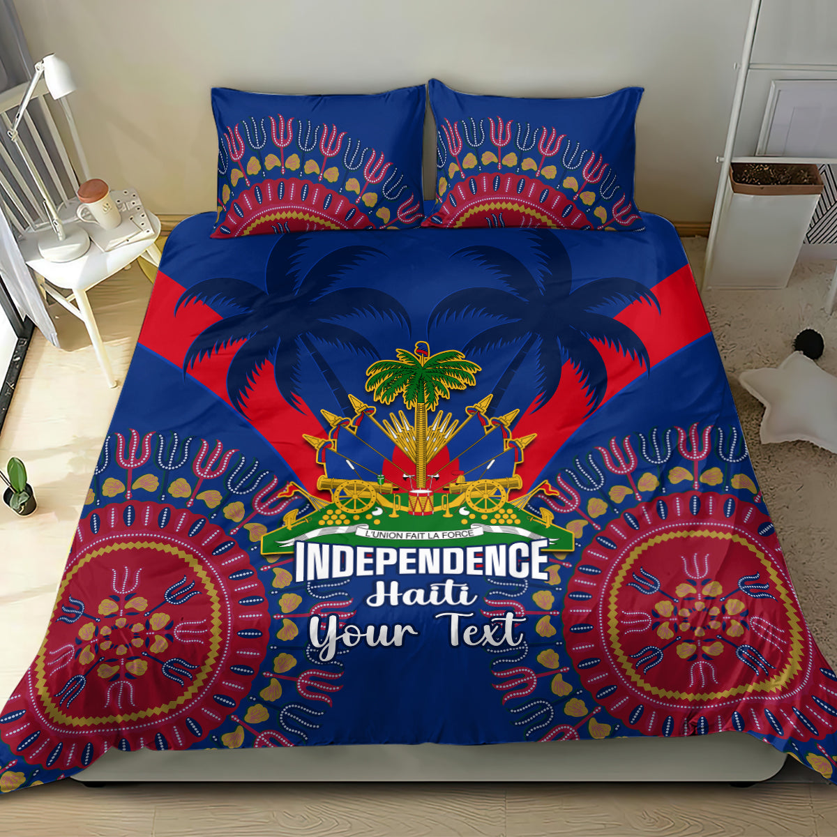 Blue Independence Haiti bedding set with red accents, palm graphic, dashiki circular patterns