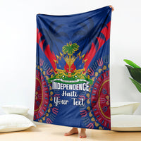 Blue Haiti independence day blanket with dashiki pattern, palm trees, and Independence Haiti text