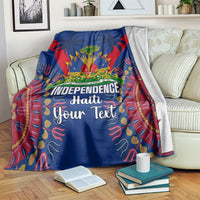 Blue Haiti independence day blanket draped on armchair with palm trees and slogan text