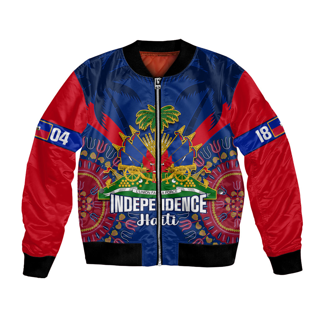 Blue and red bomber jacket, front zipper, Independence graphic with dashiki pattern
