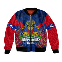 Blue and red bomber jacket, front zipper, Independence graphic with dashiki pattern